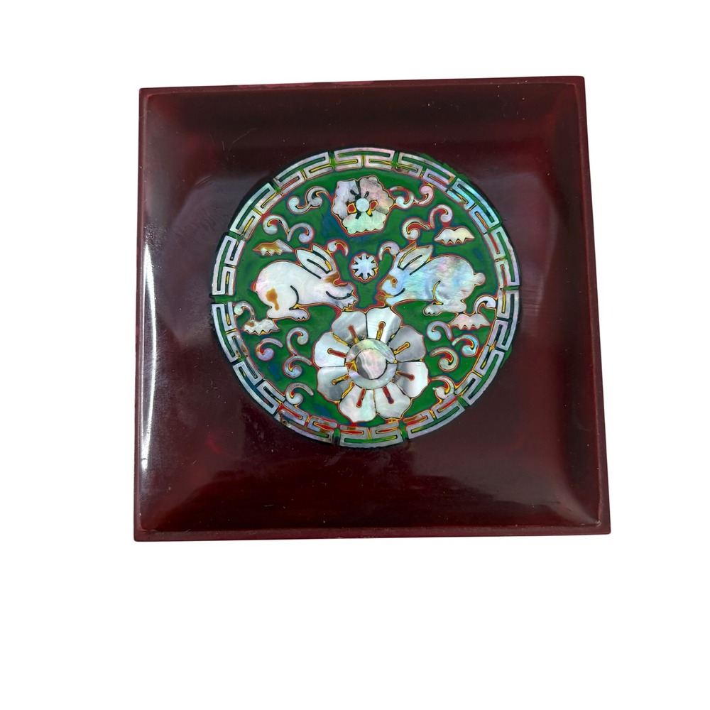 VTG Korean Mother of Pearl Inlay Lacquer Trinket Box Red Rabbit Floral 4.75"
